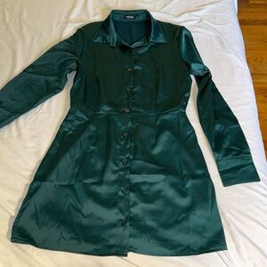 Satin Statement Shoulder Mini Shirt Dress